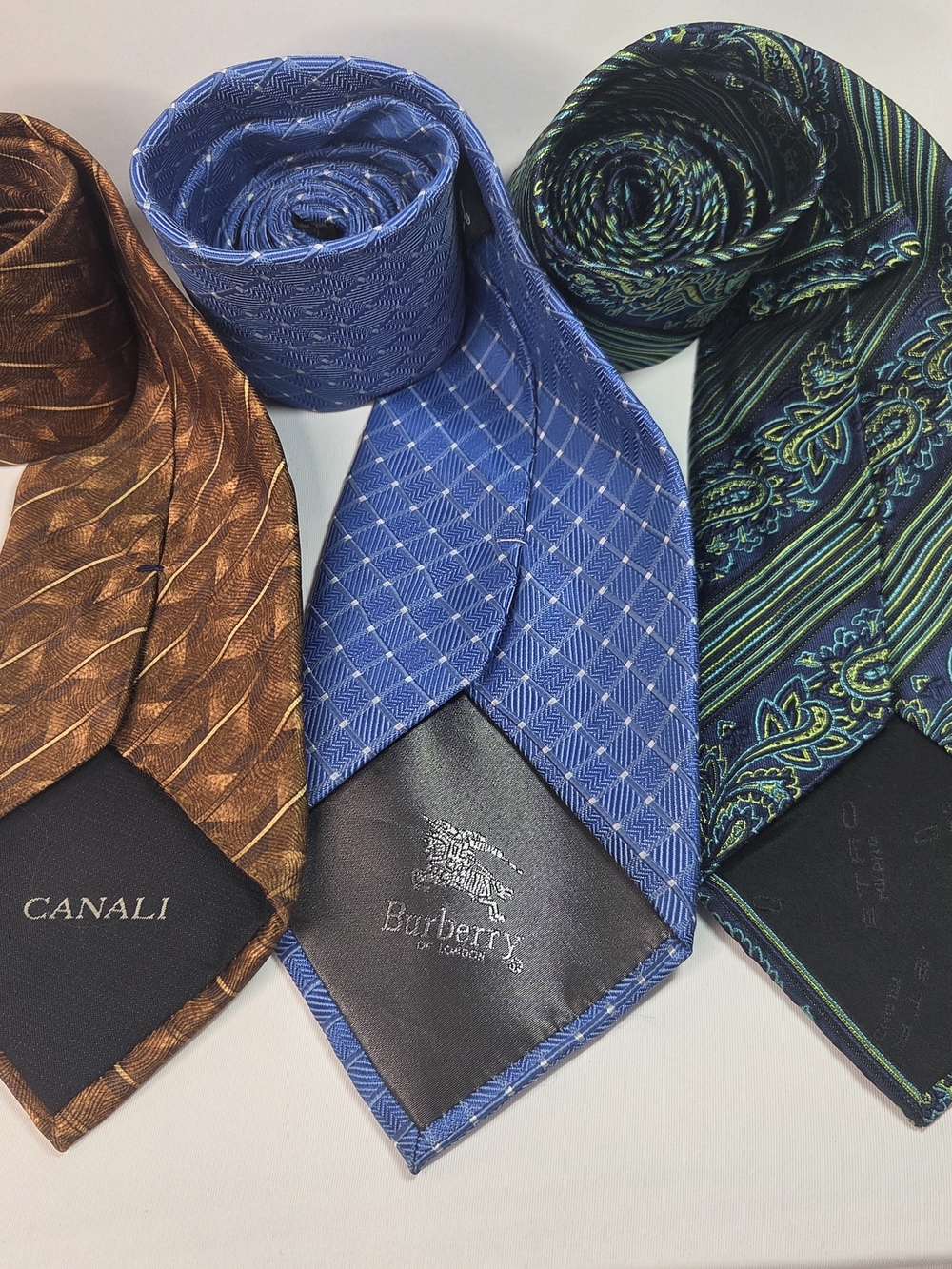 Lot Of 3 Wide Luxury Ties: Burberry, Canali, And Etro 100% Silk Various Patterns